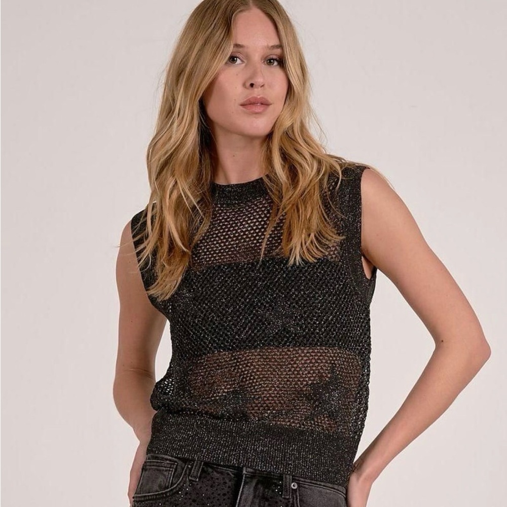 Elan Black Mesh Star Sweater Vest  Edgy Rocker Vibe Night Out Top Size S NWT